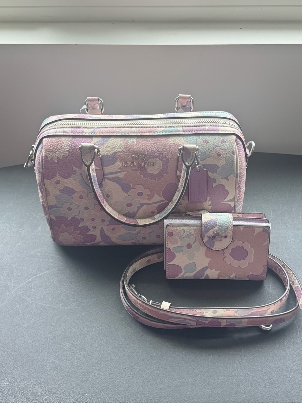 COACH Signature Canvas Satchel Wallet Set w/ Floral Print In Silver/Ivory/Purple